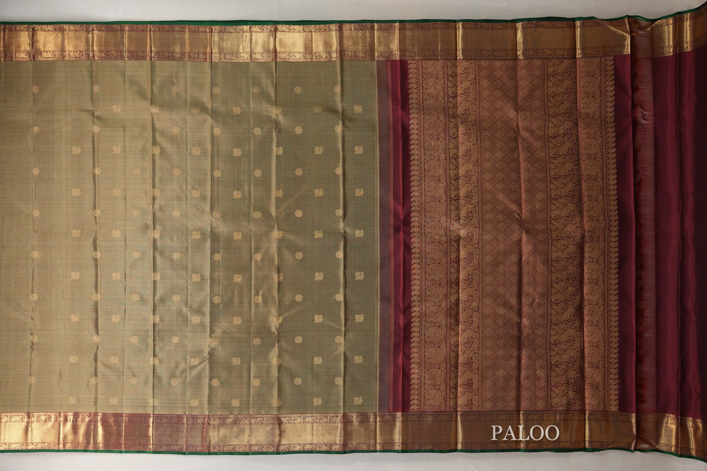 Olive Green with Deep Maroon Borders and Green Selvedge Vintage Heirloom Kanjivaram Silk Saree SS9035