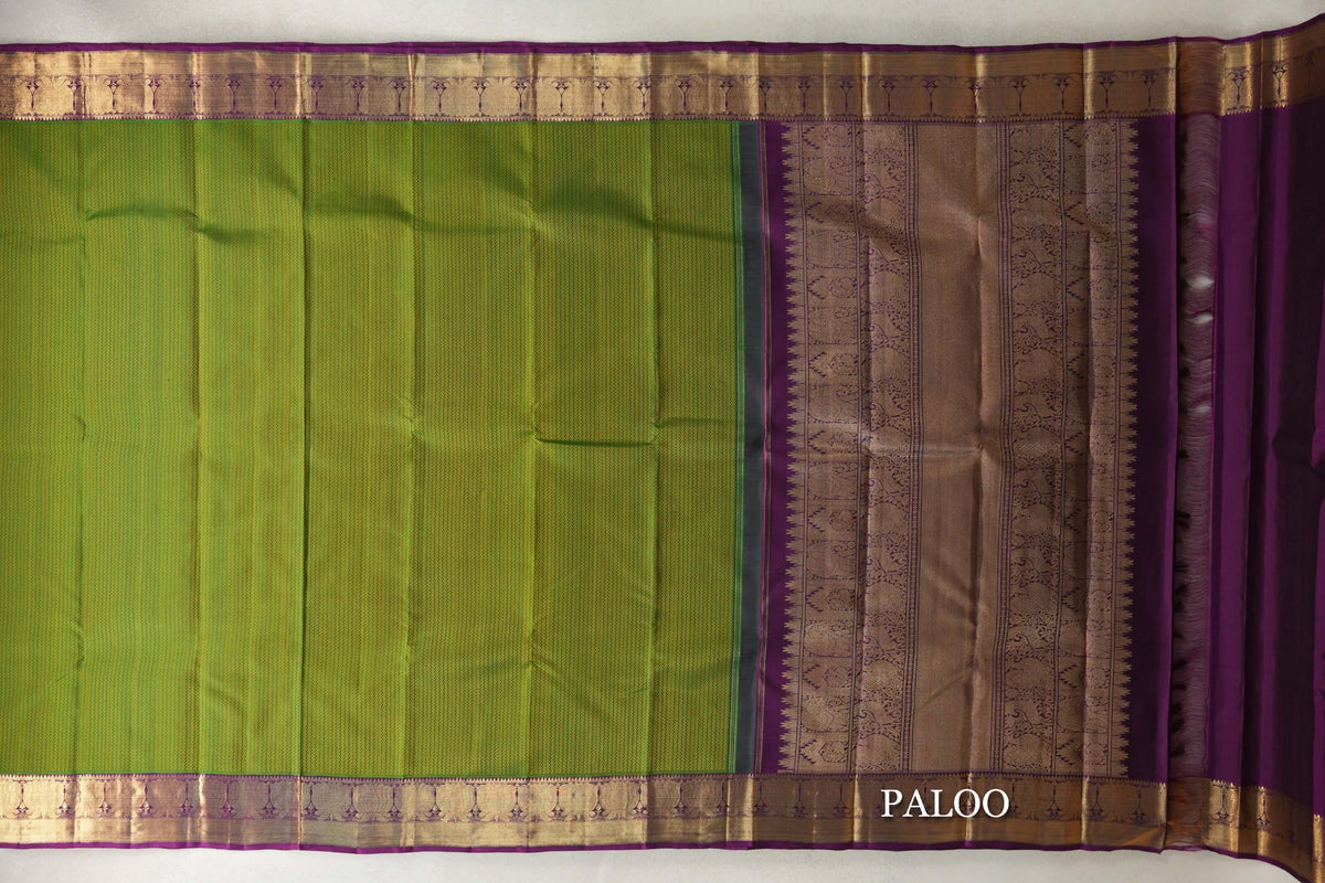 Leaf Green with Purple Borders Vintage Heirloom Kanjivaram Silk Saree paloo