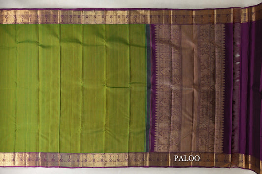 Leaf Green with Purple Borders Vintage Heirloom Kanjivaram Silk Saree paloo