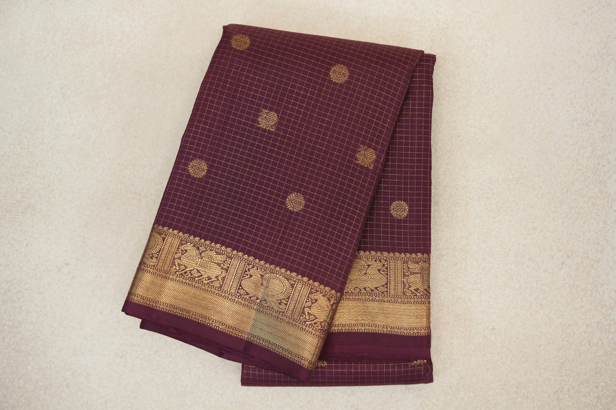 Brown with Zari Checks Vintage Heirloom Kanjivaram Silk Saree
