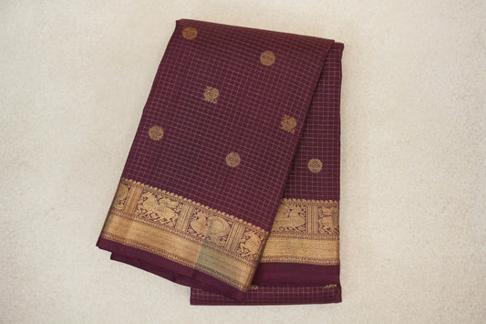 Brown with Zari Checks Vintage Heirloom Kanjivaram Silk Saree