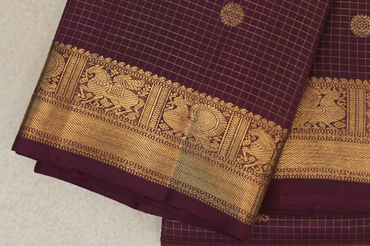 Brown with Zari Checks Vintage Heirloom Kanjivaram Silk Saree border