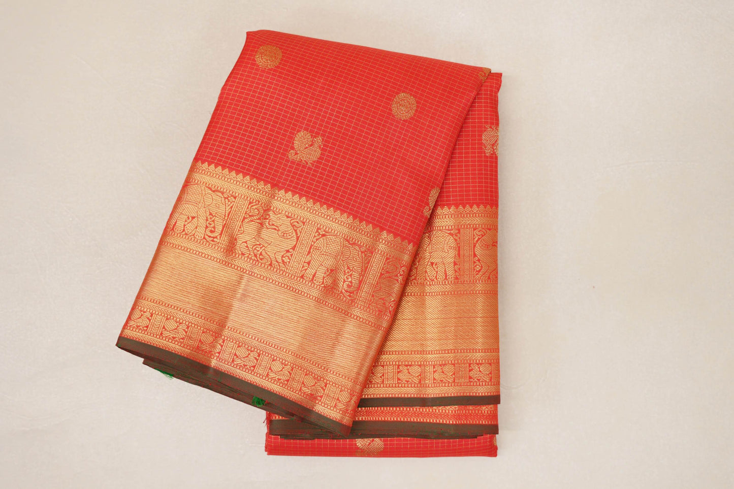 Bright Red with Dual Tone Red and Green Selvedge Borders Vintage Heirloom Kanjivaram Silk Saree SS9037