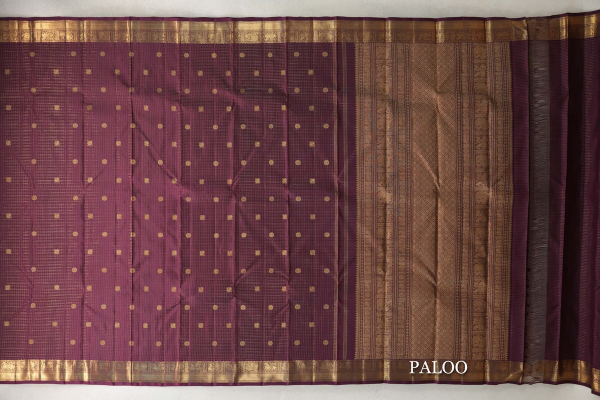 Brown with Zari Checks Vintage Heirloom Kanjivaram Silk Saree paloo