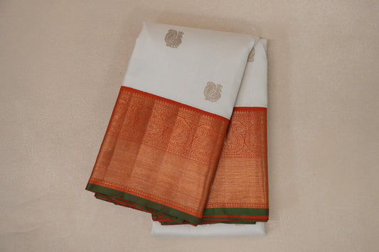 Off White with Bright Orange Borders and Leaf Green Selvedge Vintage Heirloom Kanjivaram Silk Saree SS9038