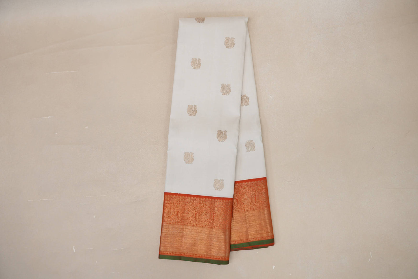 Off White with Bright Orange Borders and Leaf Green Selvedge Vintage Heirloom Kanjivaram Silk Saree SS9038