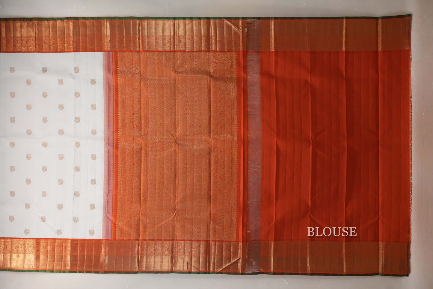 Off White with Bright Orange Borders and Leaf Green Selvedge Vintage Heirloom Kanjivaram Silk Saree SS9038