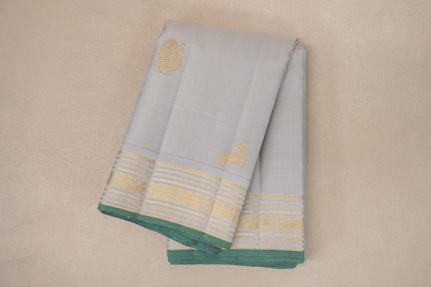 Pearl Grey with Light Green Selvedge Vintage Kanjivaram Silk Saree SS9039