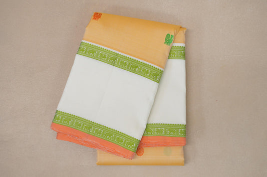 Pastel Yellow with White Borders and Peach Orange Selvedge Vintage Kanjivaram Silk Saree SS9040