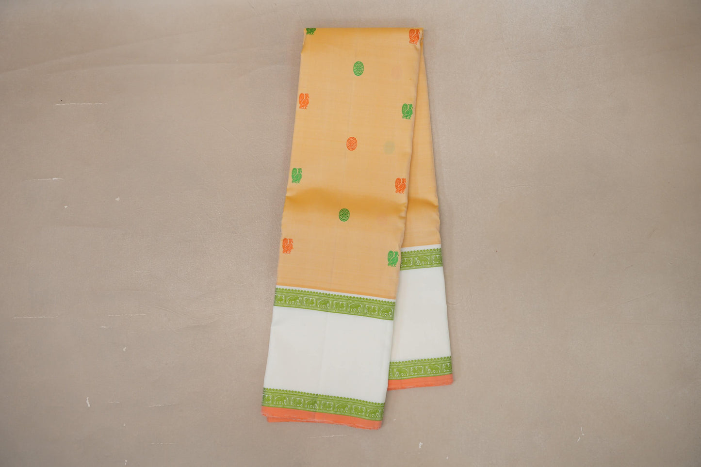 Pastel Yellow with White Borders and Peach Orange Selvedge Vintage Kanjivaram Silk Saree SS9040