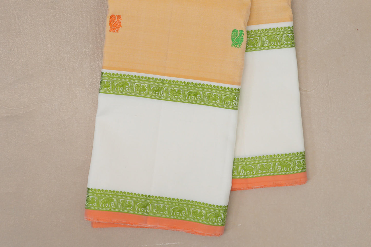 Pastel Yellow with White Borders and Peach Orange Selvedge Vintage Kanjivaram Silk Saree SS9040