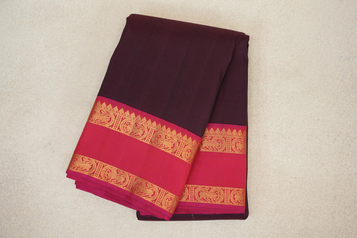 Brown with Pink Rettai Pettu Borders Plant Based Kanjivaram Silk Saree