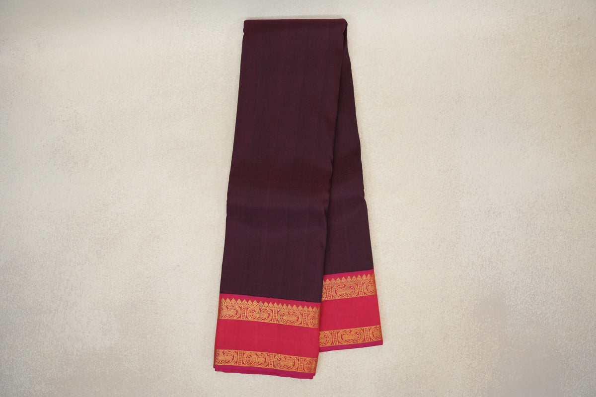 Online Brown with Pink Rettai Pettu Borders Plant Based Kanjivaram Silk Saree