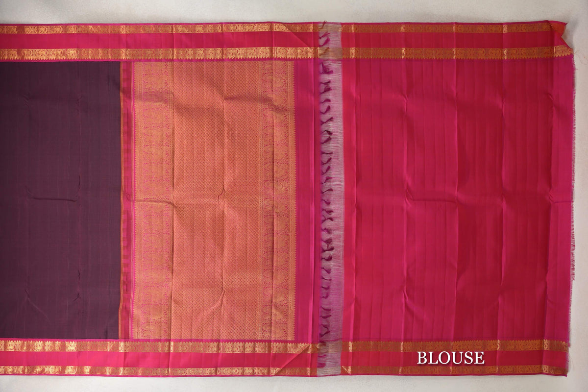 Brown with Pink Rettai Pettu Borders Plant Based Kanjivaram Silk Saree blouse