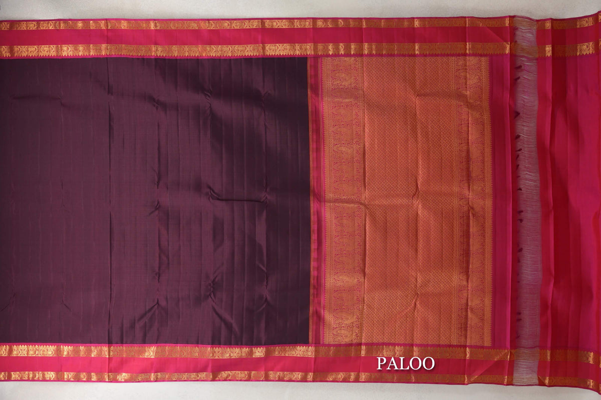 Brown with Pink Rettai Pettu Borders Plant Based Kanjivaram Silk Saree paloo