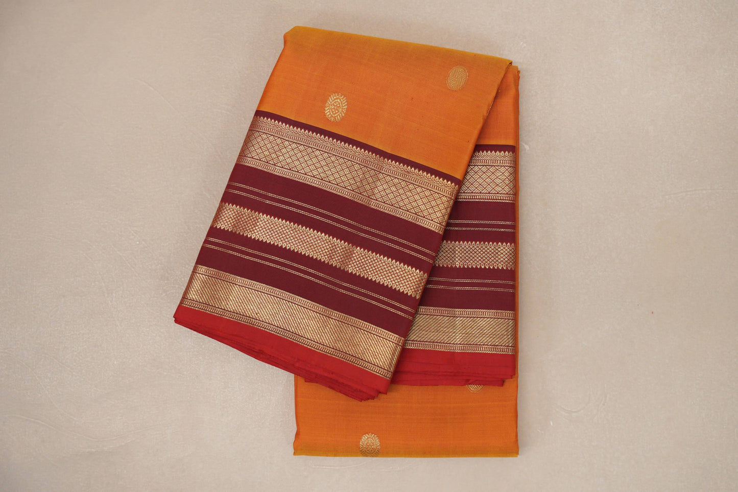 Dual Tone Red and Mustard with Deep Maroon Borders and Red Selvedge Vintage Kanjivaram Silk Saree SS9044