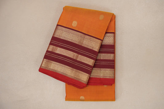 Dual Tone Red and Mustard with Deep Maroon Borders and Red Selvedge Vintage Kanjivaram Silk Saree SS9044