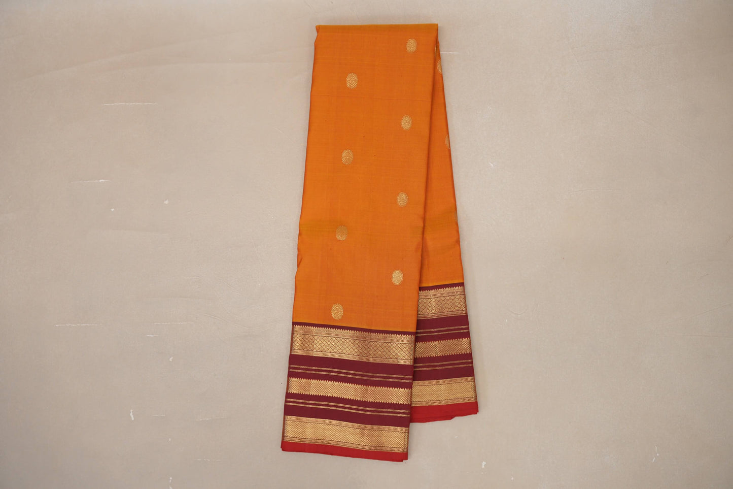 Dual Tone Red and Mustard with Deep Maroon Borders and Red Selvedge Vintage Kanjivaram Silk Saree SS9044