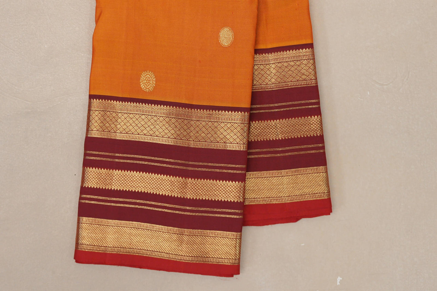 Dual Tone Red and Mustard with Deep Maroon Borders and Red Selvedge Vintage Kanjivaram Silk Saree SS9044