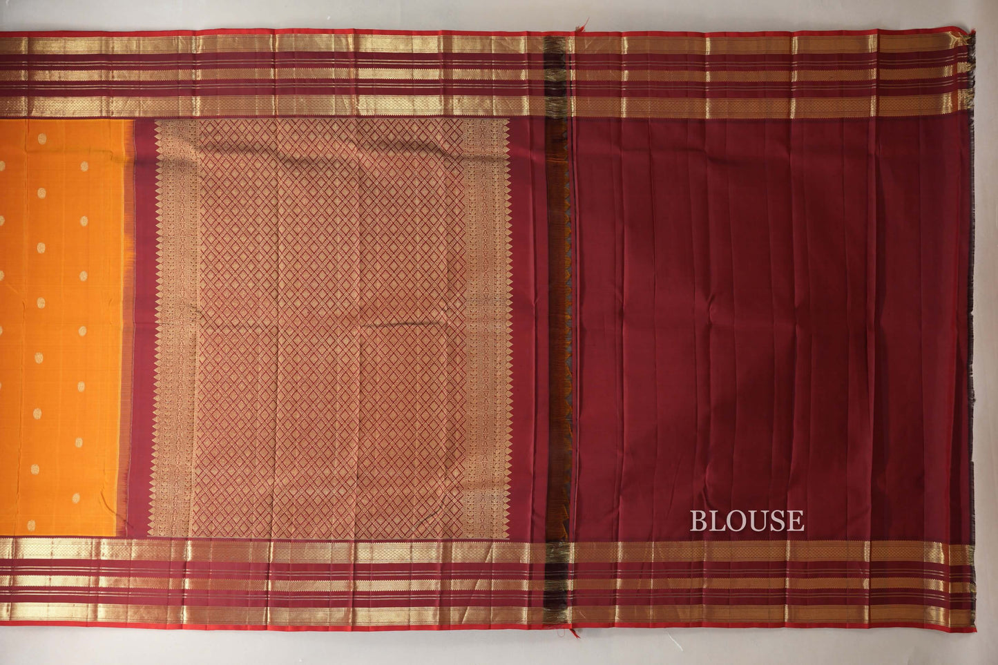 Dual Tone Red and Mustard with Deep Maroon Borders and Red Selvedge Vintage Kanjivaram Silk Saree SS9044