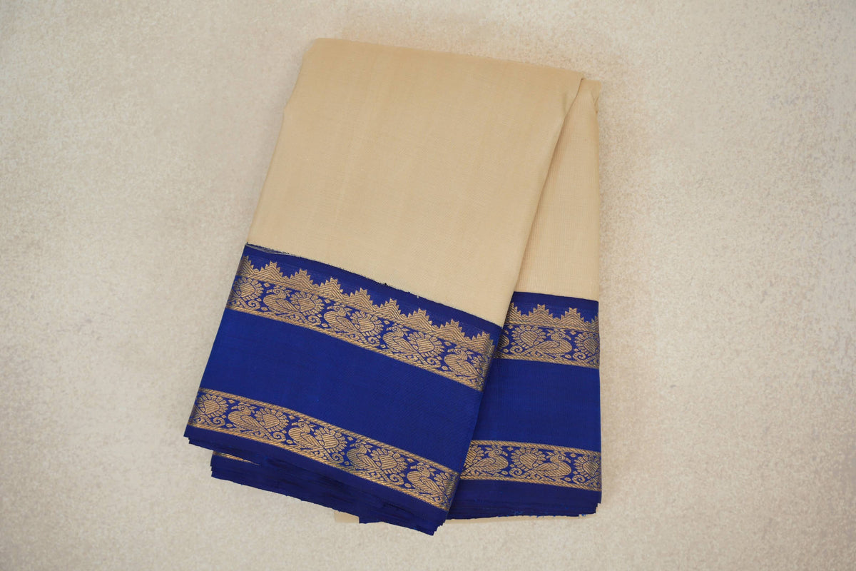 Beige with Dark Blue Rettai Pettu Borders Plant Based Kanjivaram Silk Saree