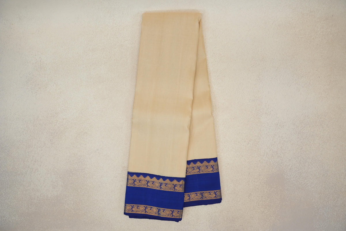 Online Beige with Dark Blue Rettai Pettu Borders Plant Based Kanjivaram Silk Saree