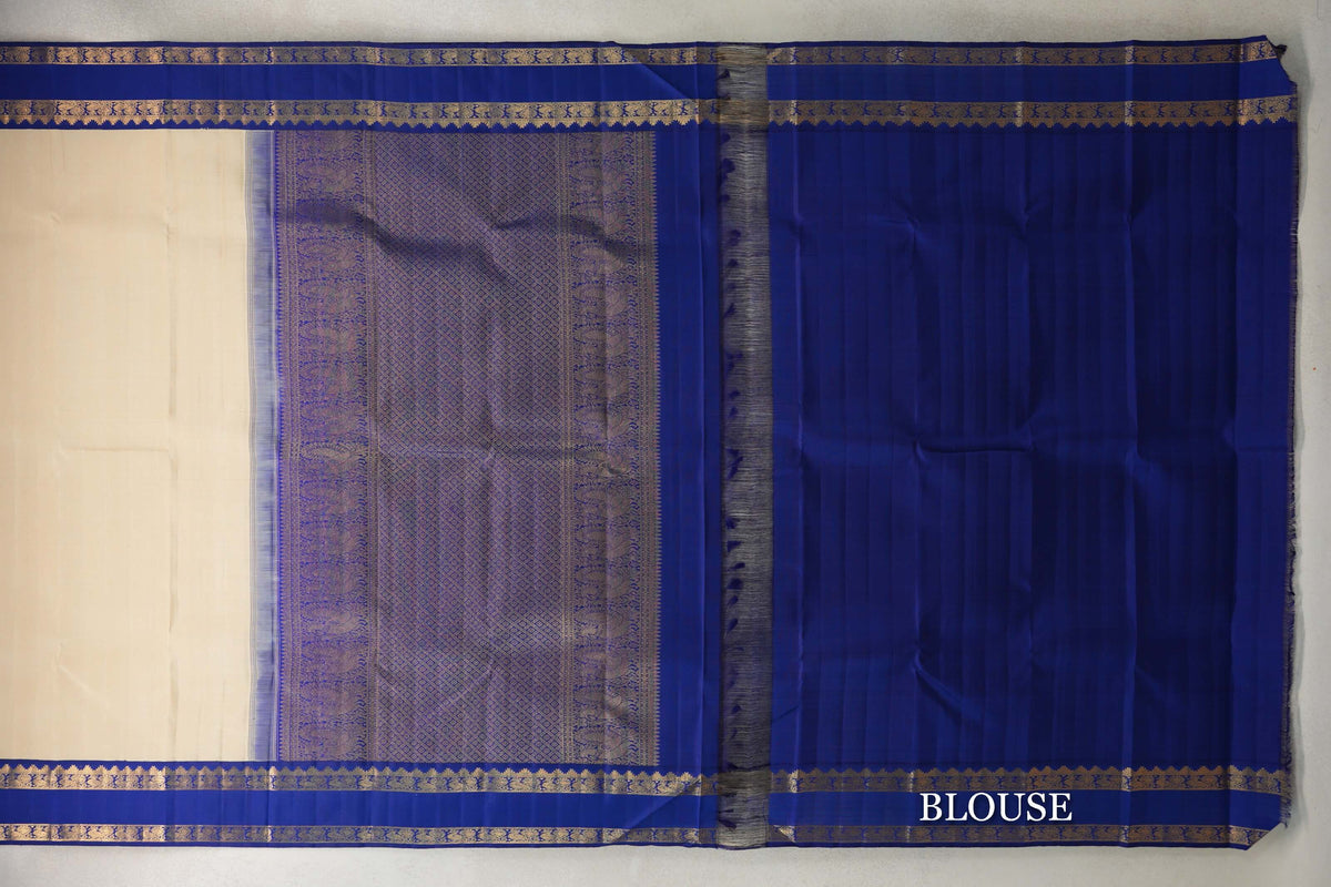 Beige with Dark Blue Rettai Pettu Borders Plant Based Kanjivaram Silk Saree blouse