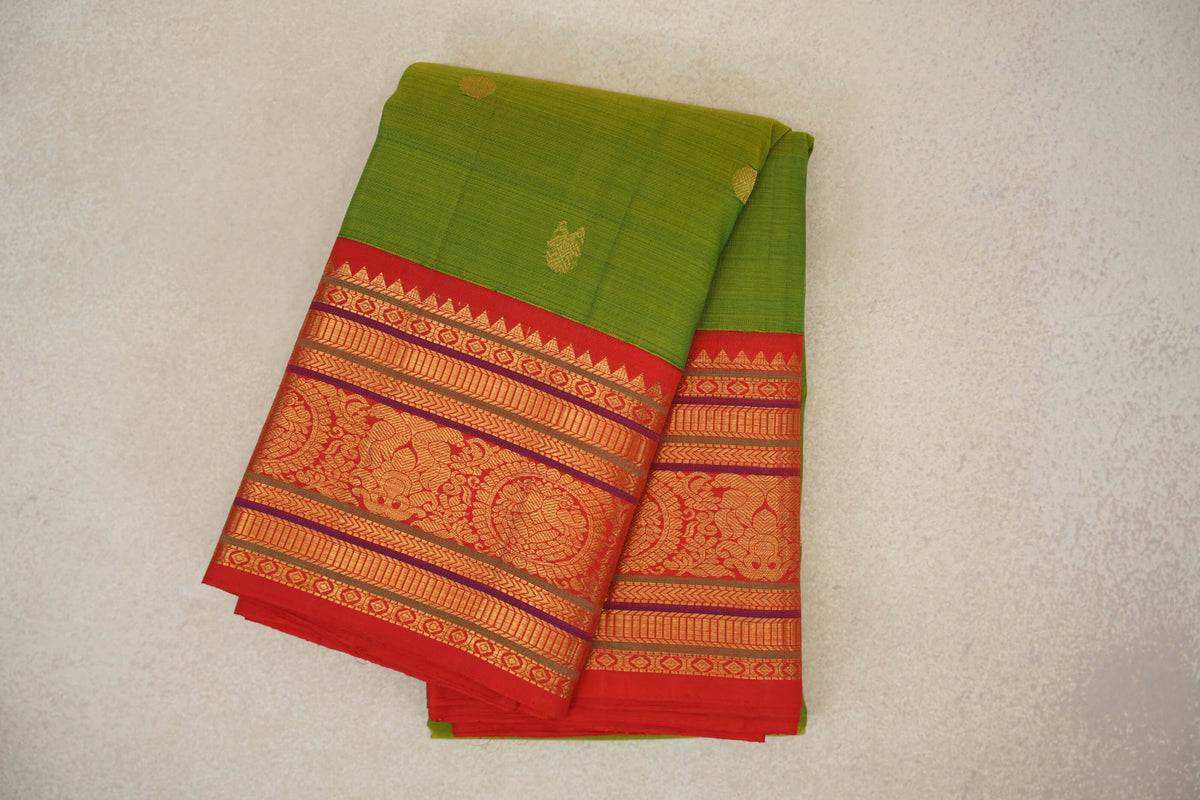 Fluorescent Green with Red Borders Plant Based Kanjivaram Silk Saree