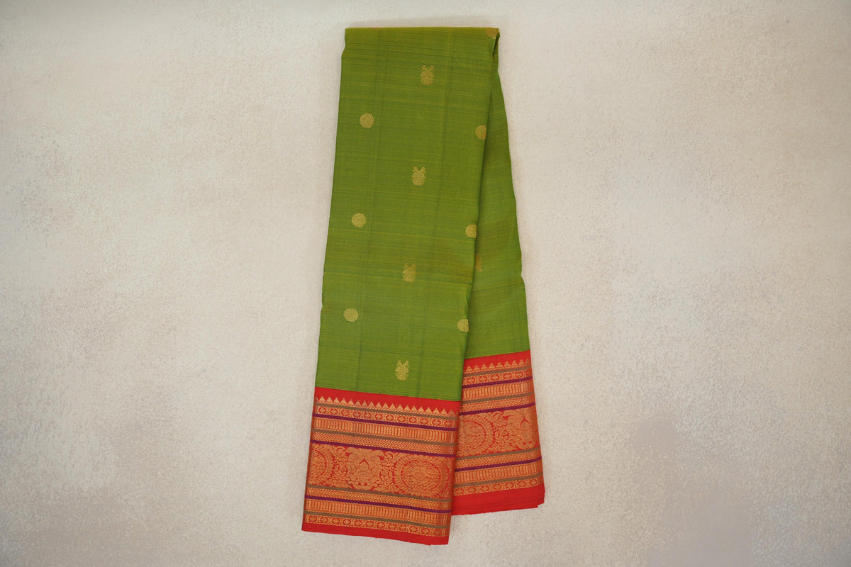 Online Fluorescent Green with Red Borders Plant Based Kanjivaram Silk Saree