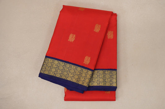 Bright Red with Deep Blue Borders Vintage Kanjivaram Silk Saree SS9048