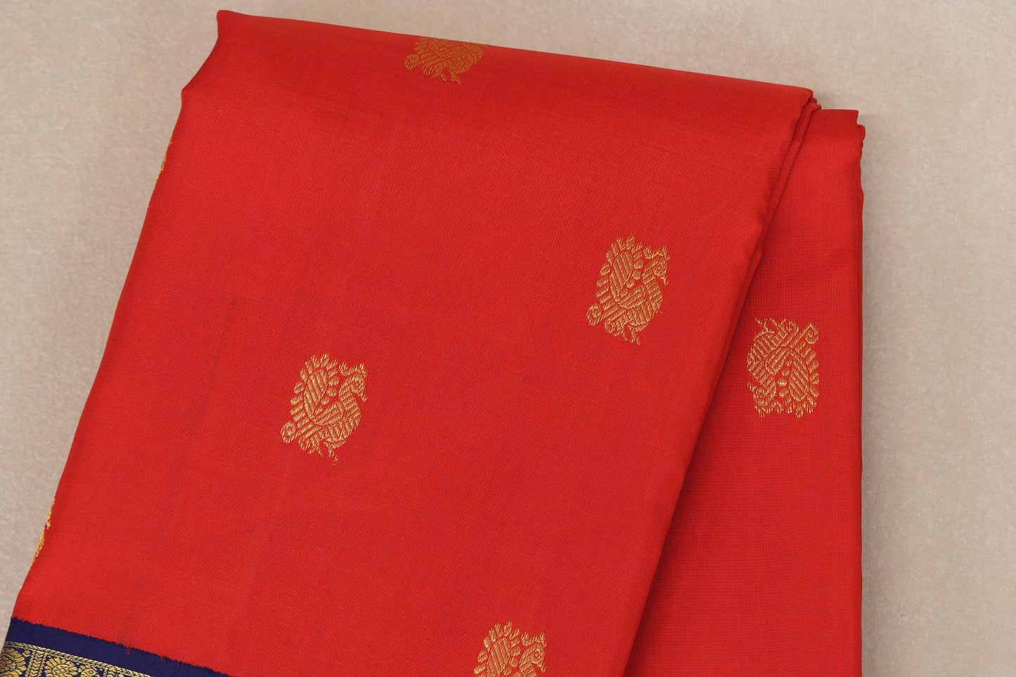 Bright Red with Deep Blue Borders Vintage Kanjivaram Silk Saree SS9048