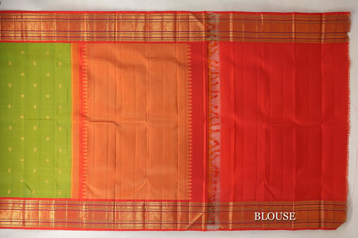 Fluorescent Green with Red Borders Plant Based Kanjivaram Silk Saree blouse