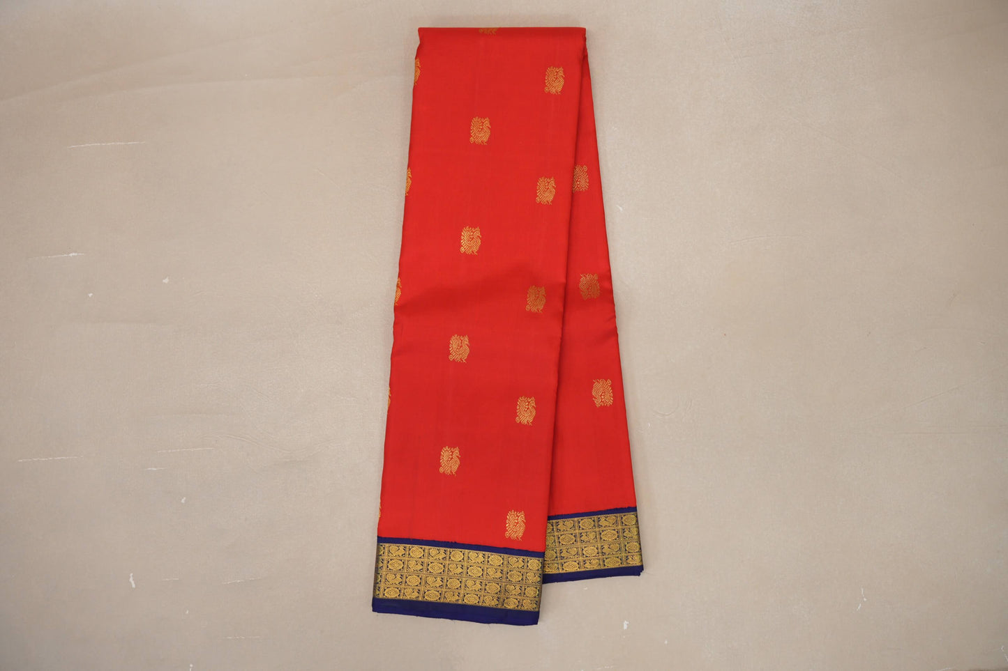 Bright Red with Deep Blue Borders Vintage Kanjivaram Silk Saree SS9048