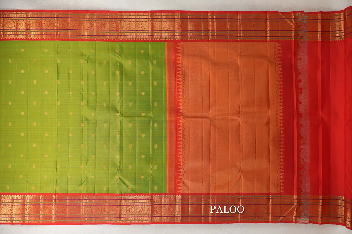 Fluorescent Green with Red Borders Plant Based Kanjivaram Silk Saree paloo