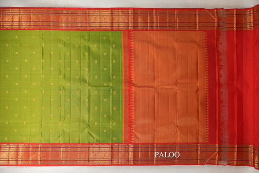Fluorescent Green with Red Borders Plant Based Kanjivaram Silk Saree paloo