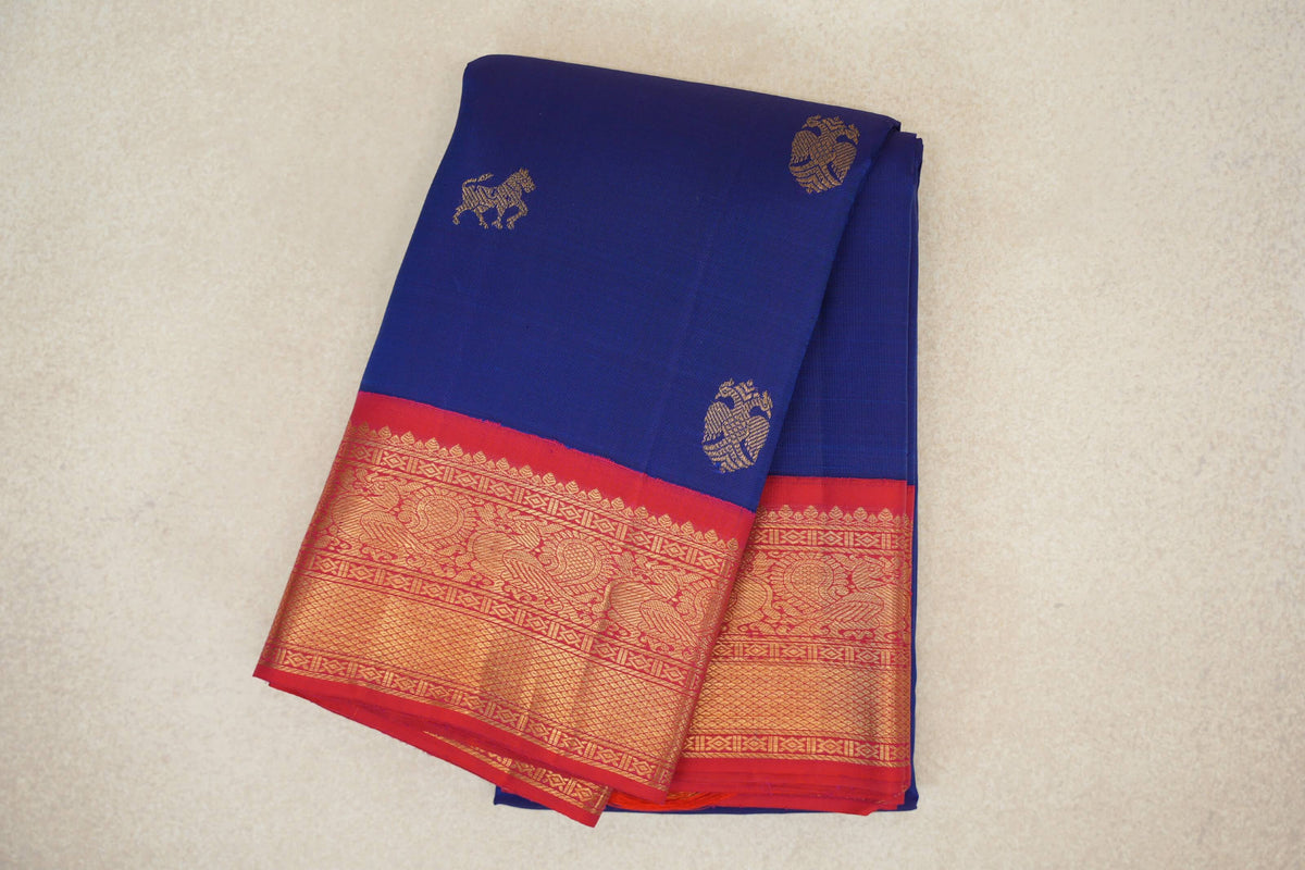 Navy Blue with Reddish Pink Borders Plant Based Kanjivaram Silk Saree 