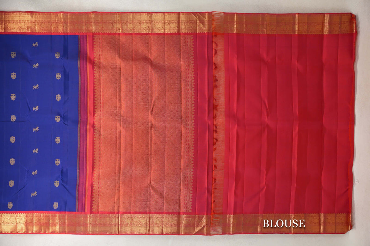 Navy Blue with Reddish Pink Borders Plant Based Kanjivaram Silk Saree blouse