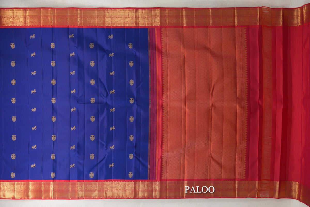 Navy Blue with Reddish Pink Borders Plant Based Kanjivaram Silk Saree paloo