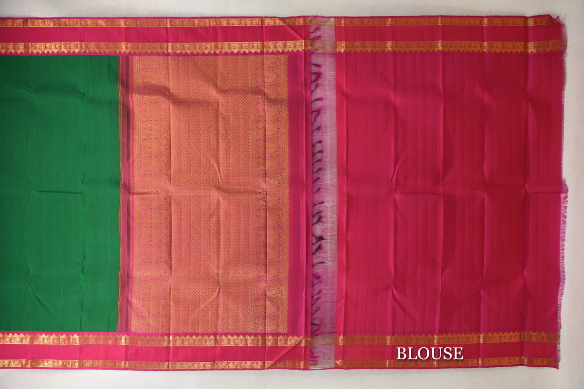 Green with Red Rettai Pettu Borders Plant Based Kanjivaram Silk Saree blouse