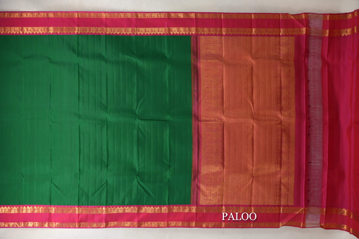 Green with Red Rettai Pettu Borders Plant Based Kanjivaram Silk Saree paloo