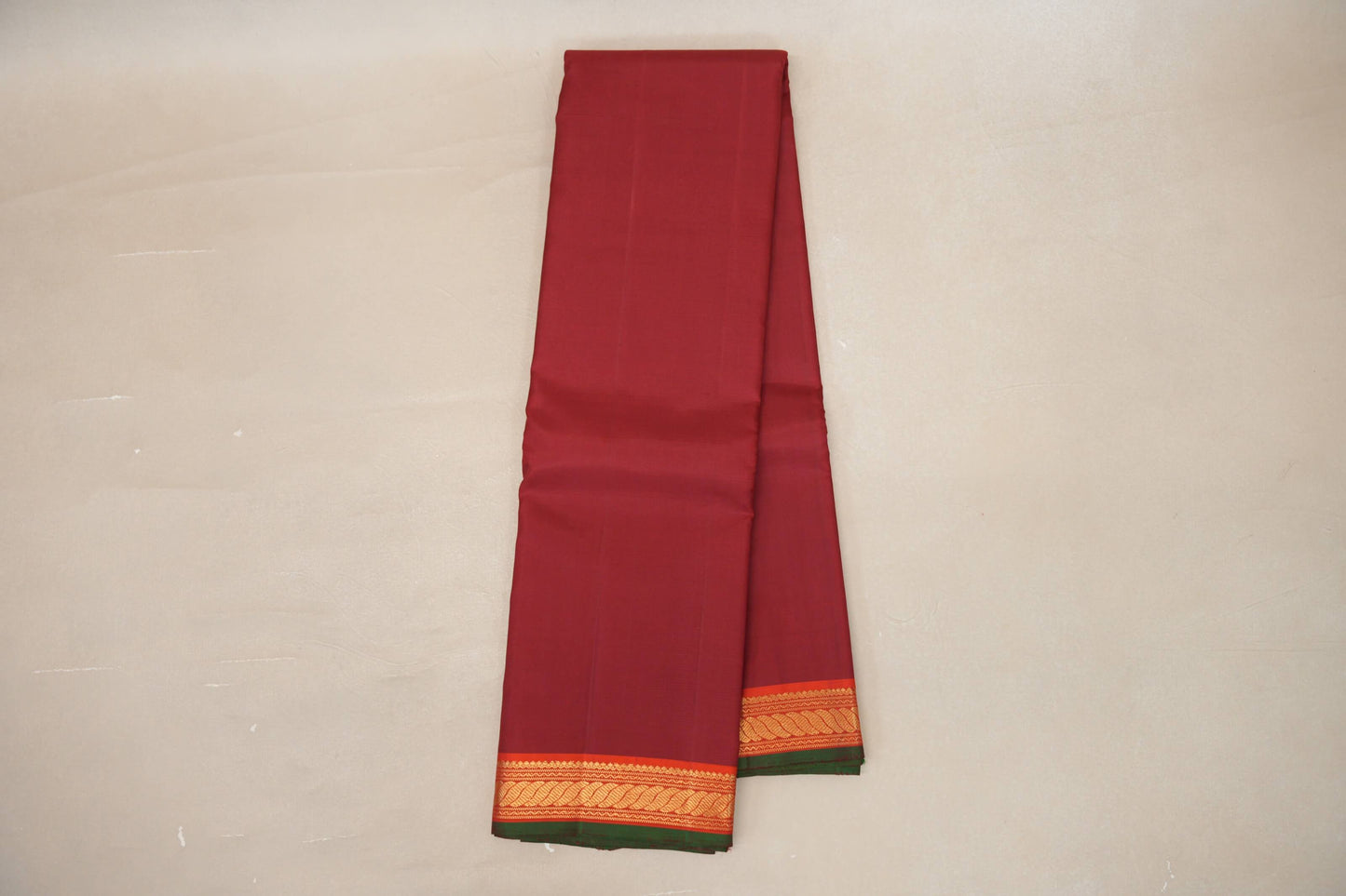 Deep Reddish Maroon with Orange Borders and Bottle Green Selvedge Vintage Kanjivaram Silk Saree SS8856