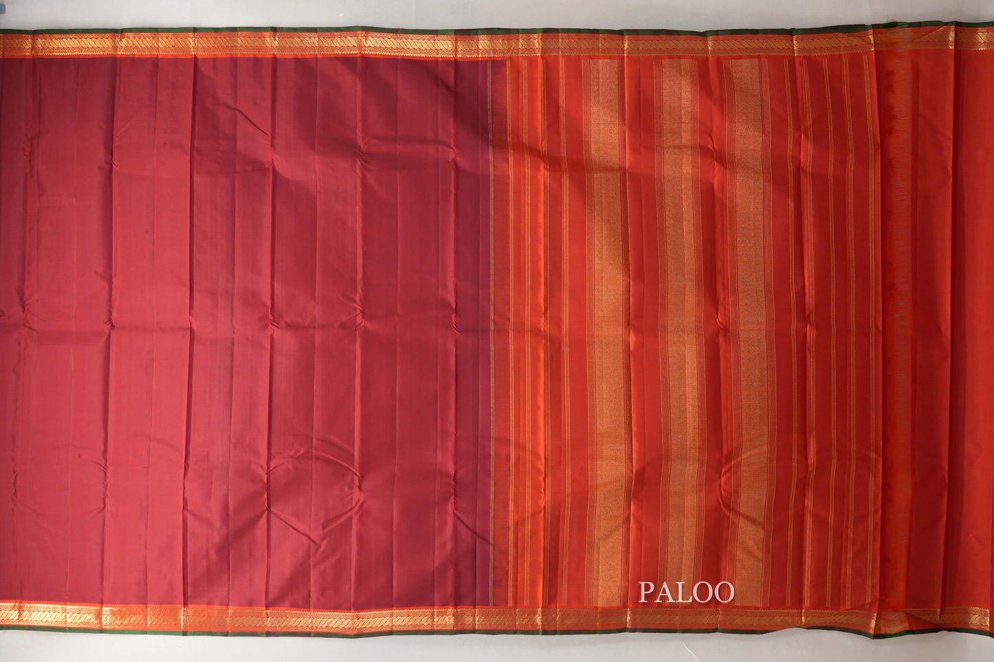 Deep Reddish Maroon with Orange Borders and Bottle Green Selvedge Vintage Kanjivaram Silk Saree SS8856