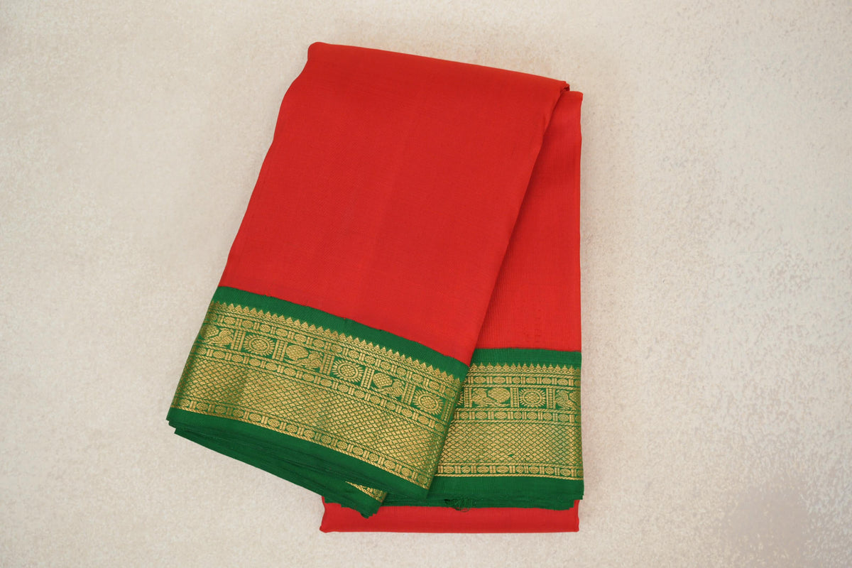 Red with Bottle Green Borders Plant Based Kanjivaram Silk Saree