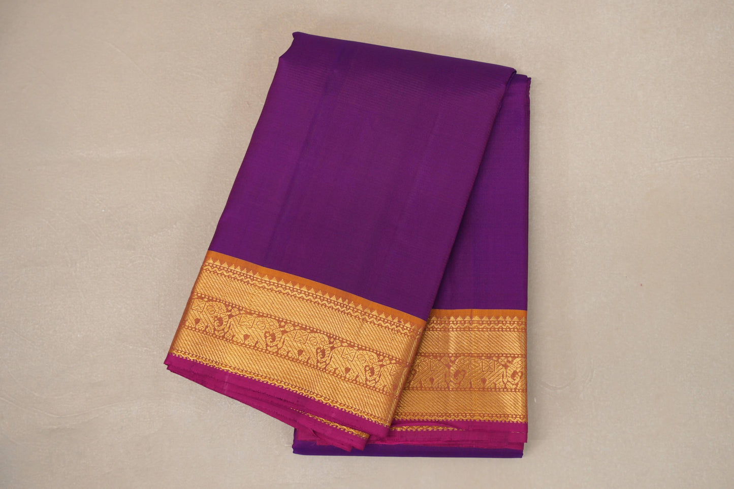 Violet Purple with Mustard Orange Borders and Rani Pink Selvedge Vintage Kanjivaram Silk Saree SS8857