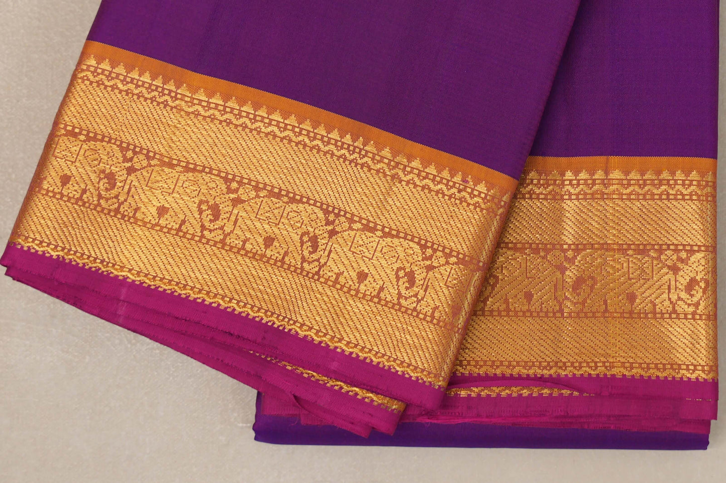 Violet Purple with Mustard Orange Borders and Rani Pink Selvedge Vintage Kanjivaram Silk Saree SS8857