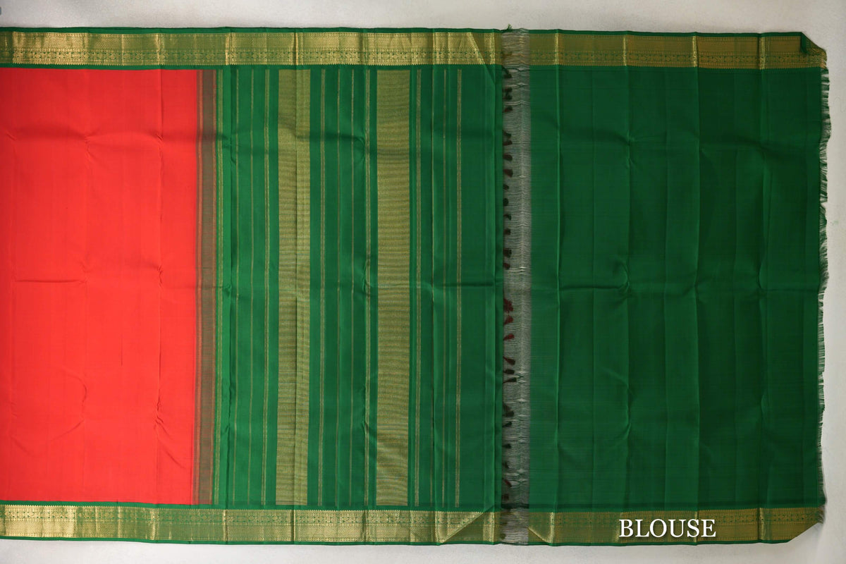 Red with Bottle Green Borders Plant Based Kanjivaram Silk Saree blouse