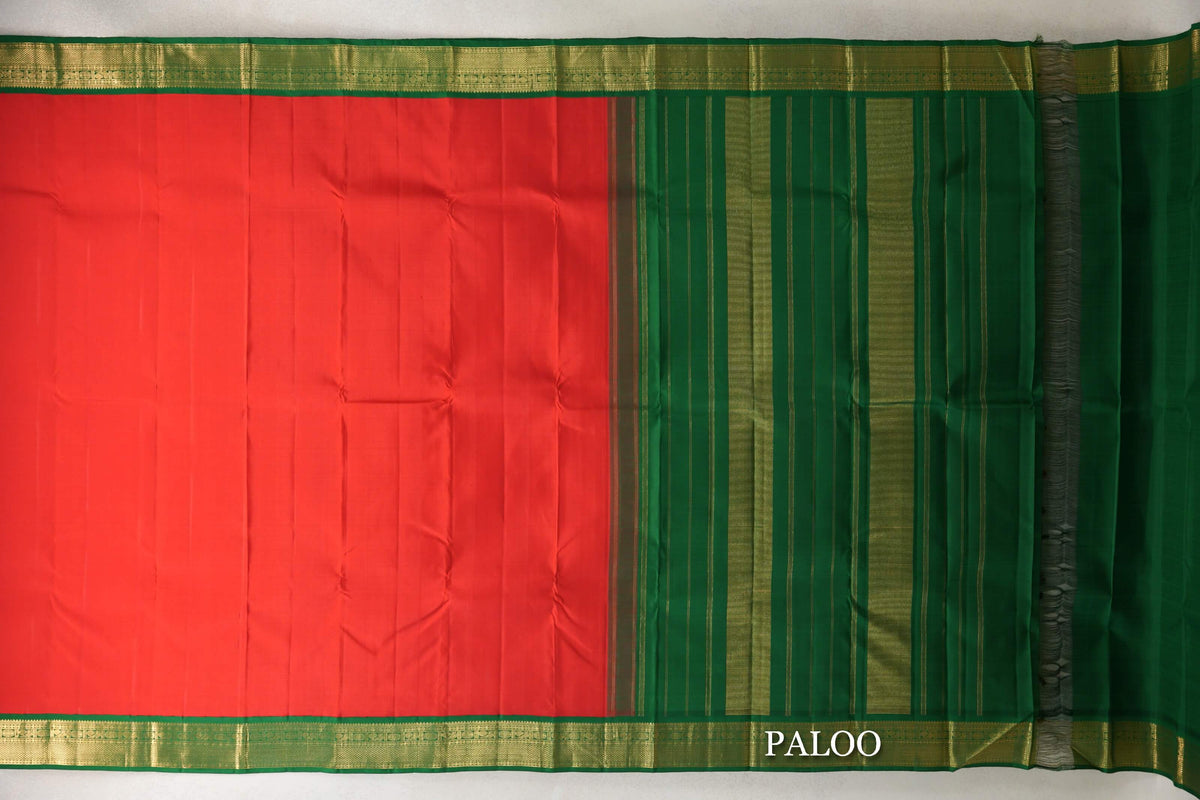 Red with Bottle Green Borders Plant Based Kanjivaram Silk Saree paloo