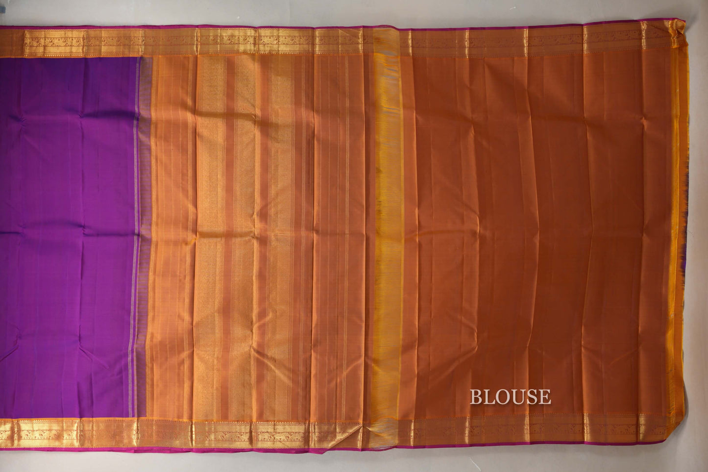 Violet Purple with Mustard Orange Borders and Rani Pink Selvedge Vintage Kanjivaram Silk Saree SS8857