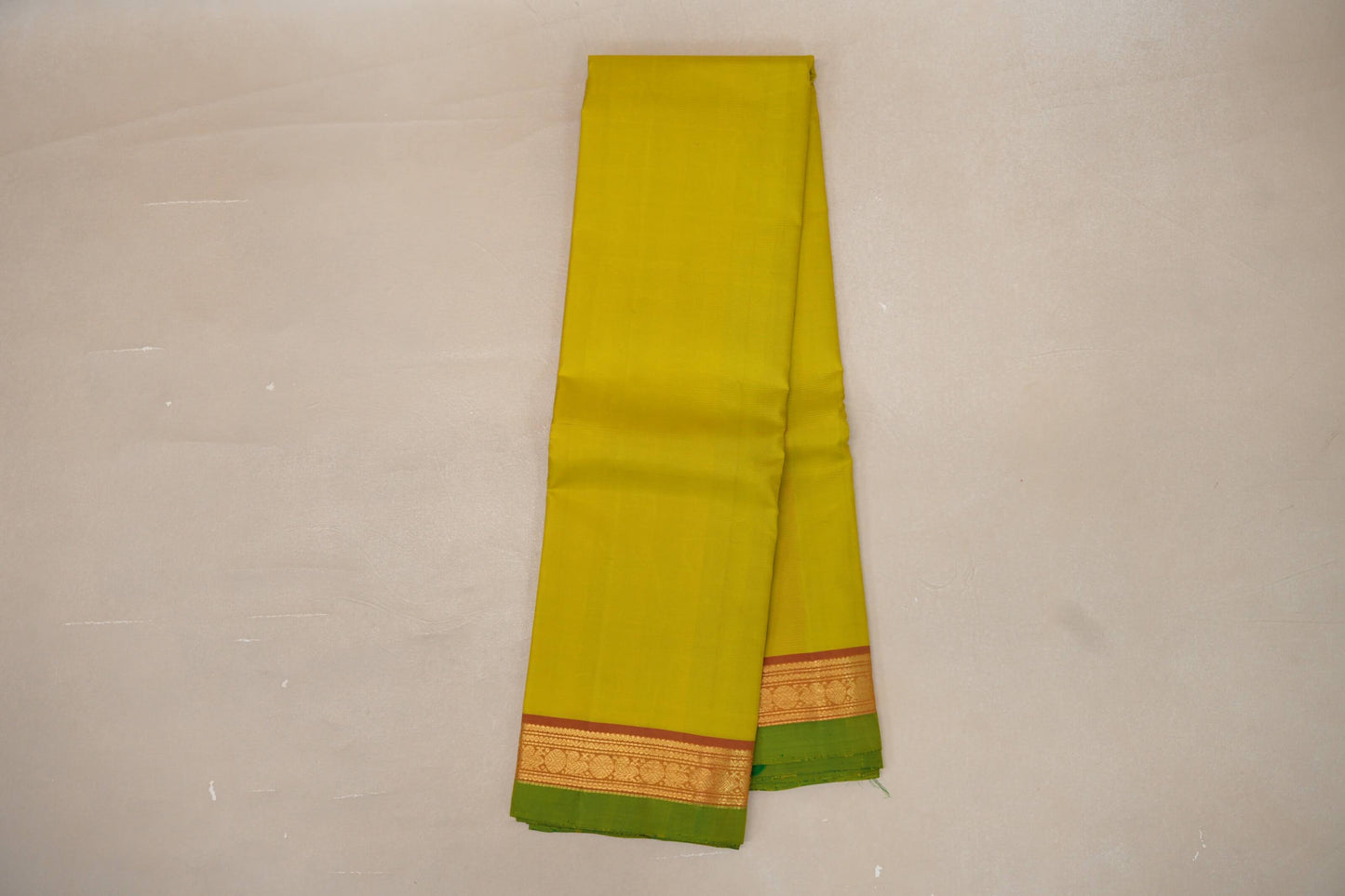 Lemon Green with Dual Tone Red and Mustard Borders and Leaf Green Selvedge Vintage Kanjivaram Silk Saree SS8858