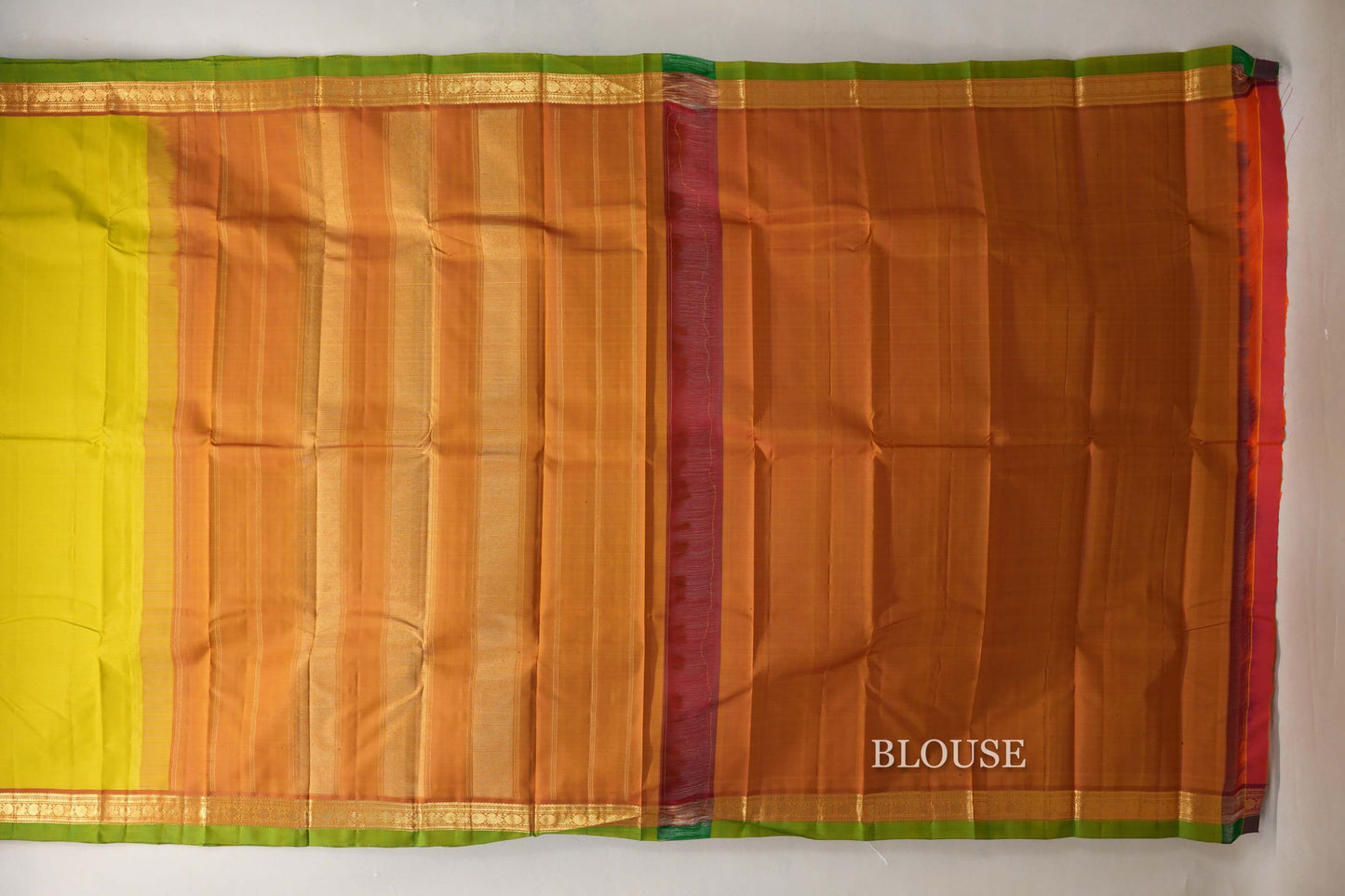 Lemon Green with Dual Tone Red and Mustard Borders and Leaf Green Selvedge Vintage Kanjivaram Silk Saree SS8858